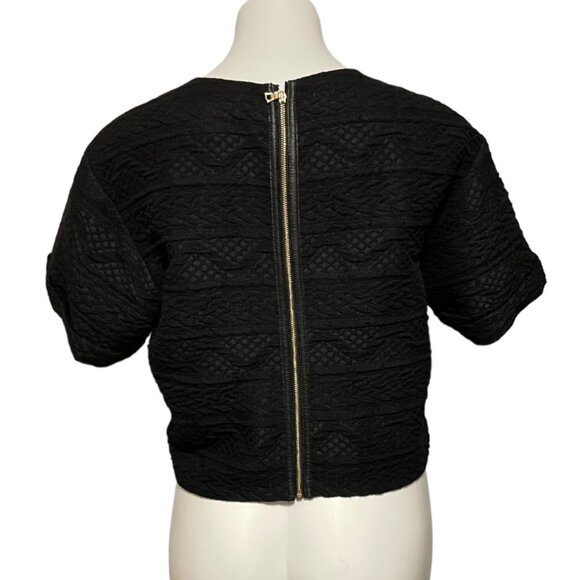 Alice + Olivia Size 8 Black Quilted Lamb Leather Trim Back Zip Cropped Top - Picture 4 of 7